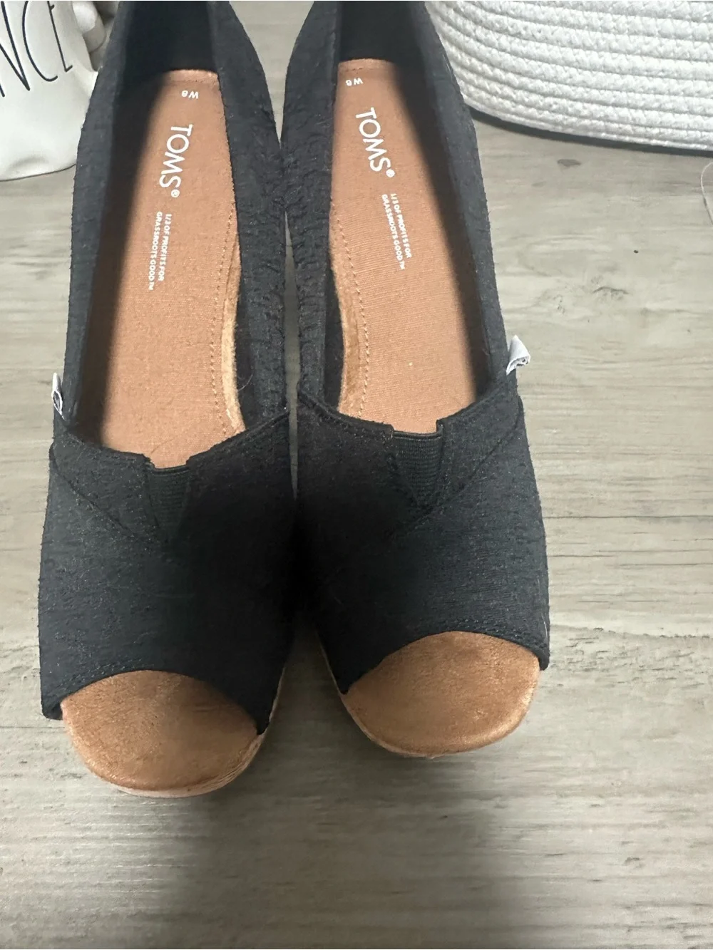 TOMS Black Canvas Peep-Toe Wedge Flats